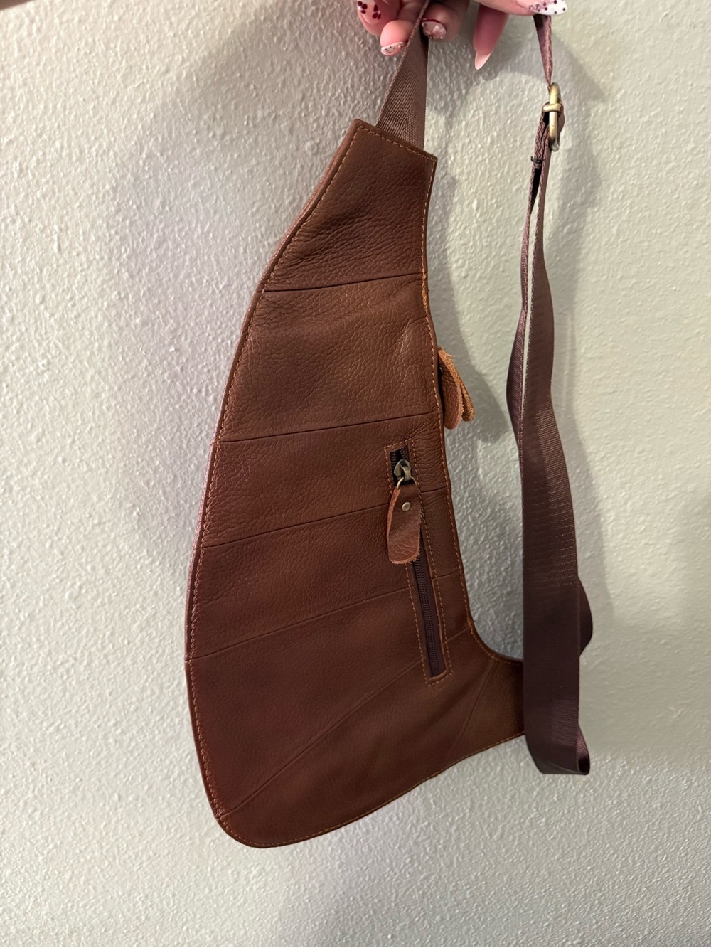 Brown Pebbled Leather-Look Sling Bag Multi Pocket Crossbody Backpack - Picture 3 of 7